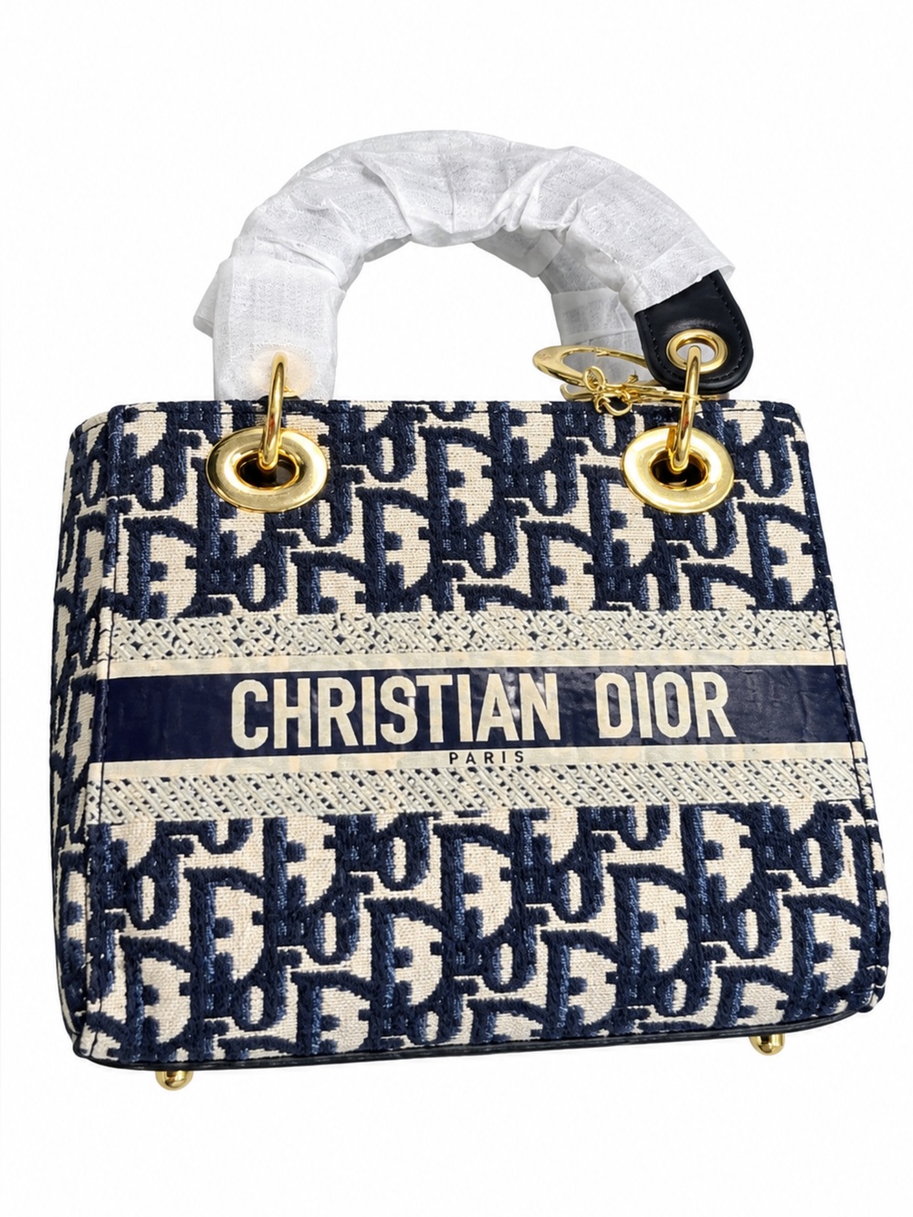 Dior Navy and Cream Logo Canvas Tote with Gold Hardware